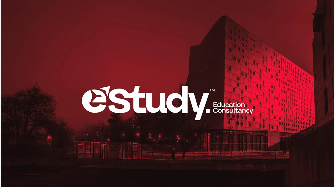 eStudy Education Consultancy logo over a red-toned university building