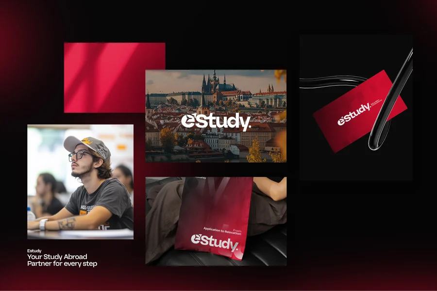 eStudy campaign collateral: brochures, cards and a red identity system