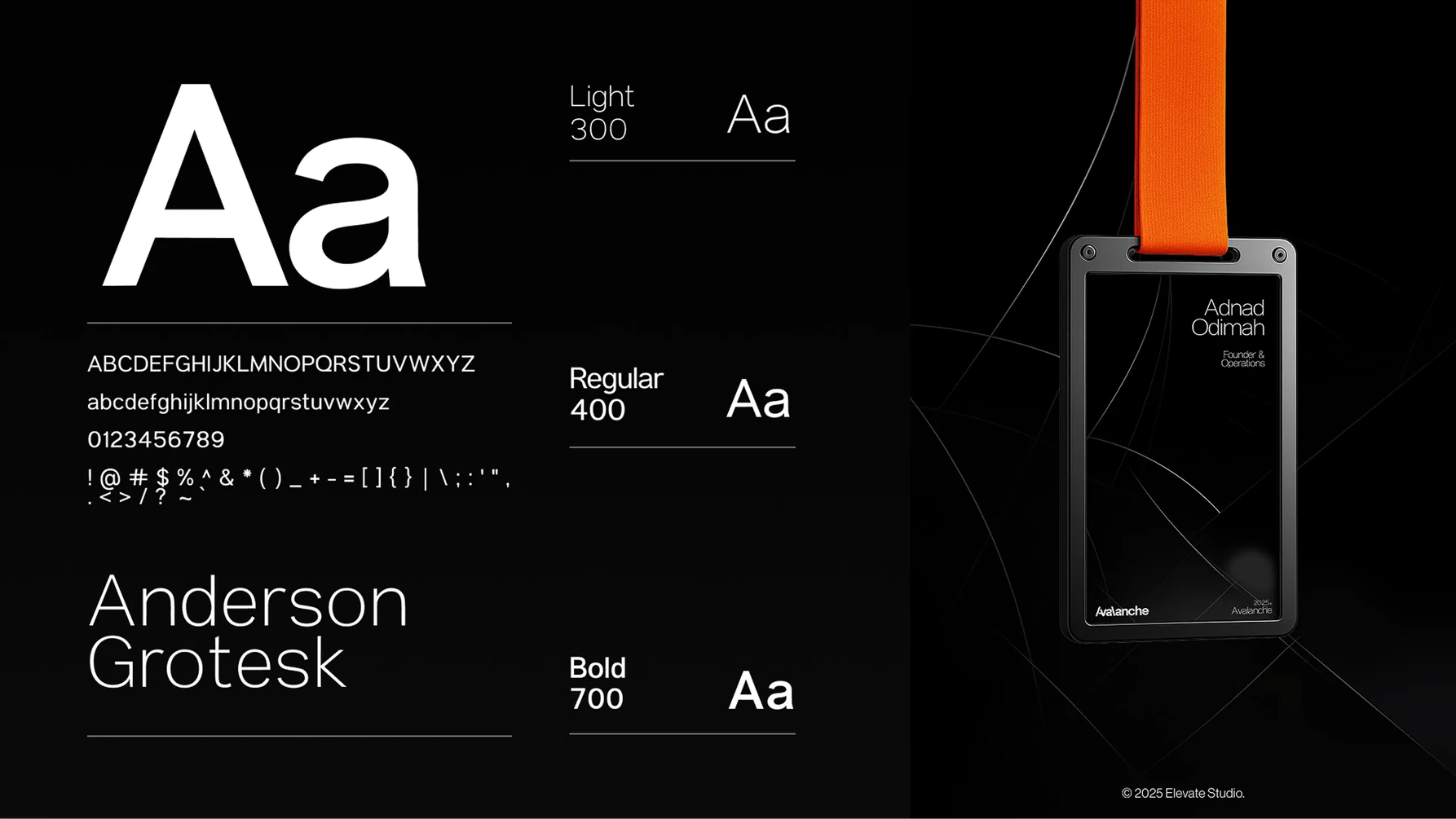 Type specimen showing Anderson Grotesk at Light 300, Regular 400 and Bold 700, beside a branded card