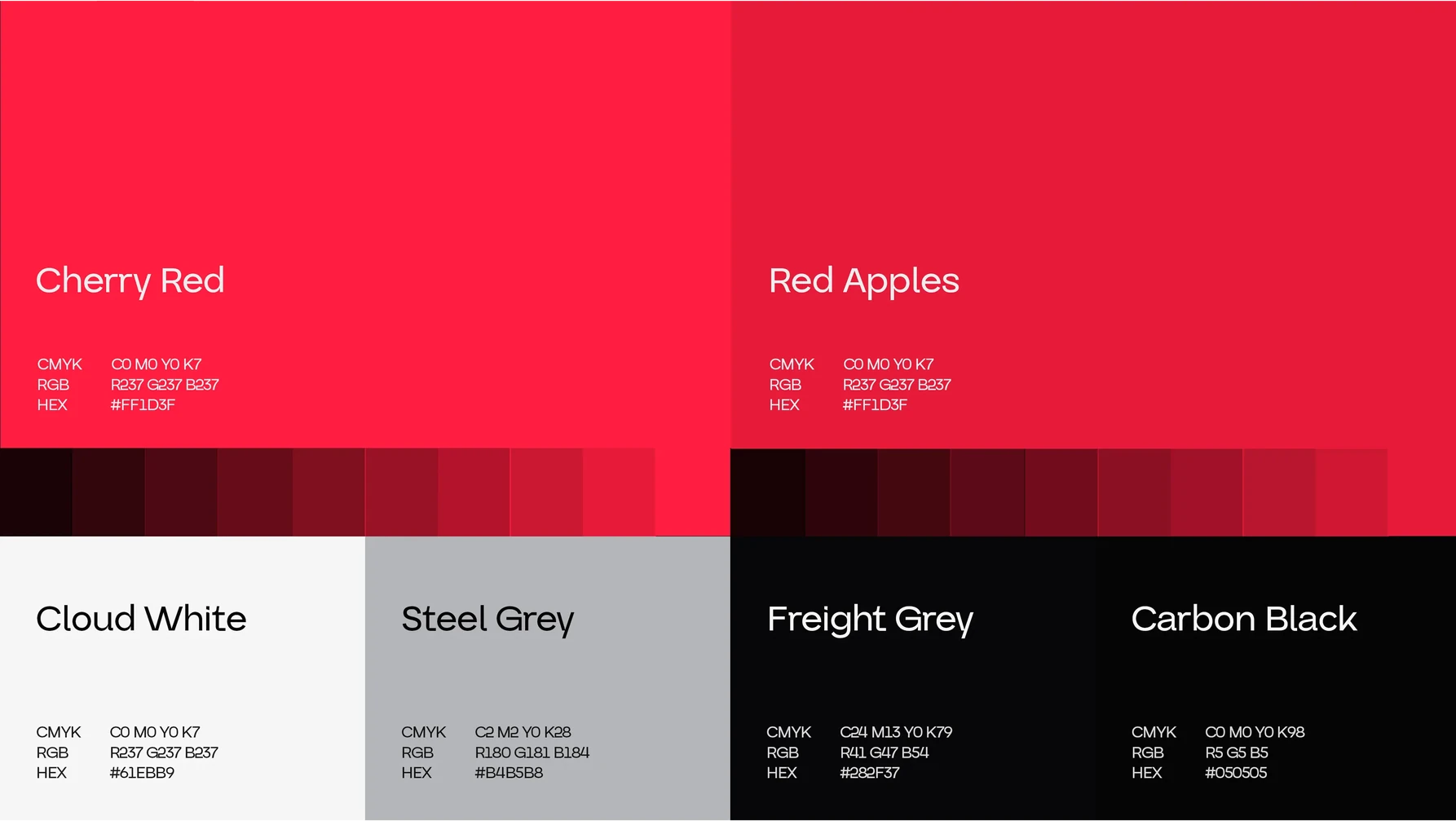The eStudy colour palette: Cherry Red, Red Apples, Cloud White, Steel Grey, Freight Grey and Carbon Black