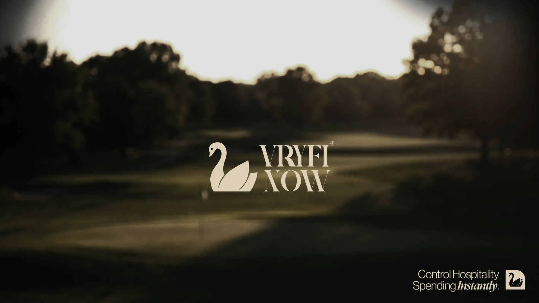 Vryfi Now swan wordmark over a golf course at dusk