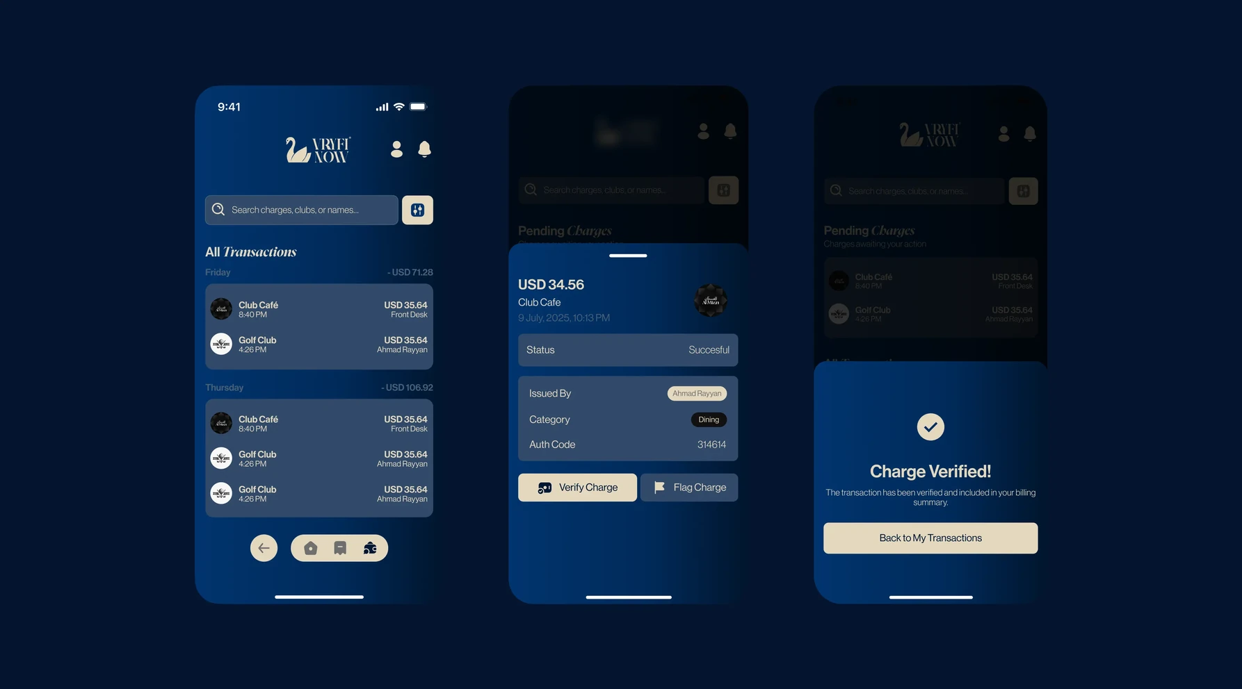Three Vryfi Now app screens: accounts, transaction detail and charge verified