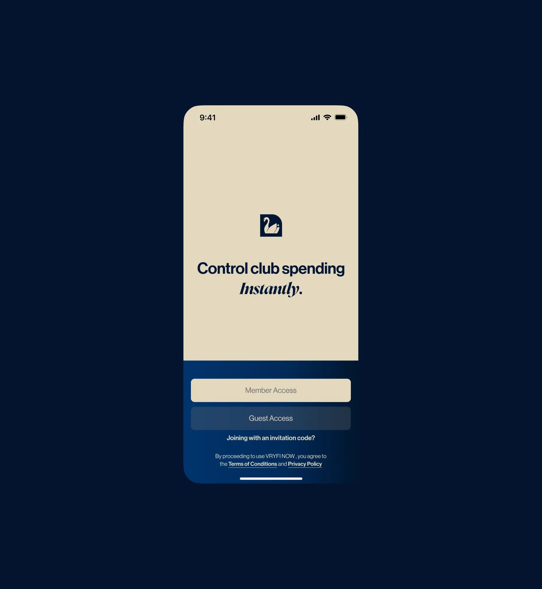 Vryfi Now onboarding screen reading Control club spending instantly