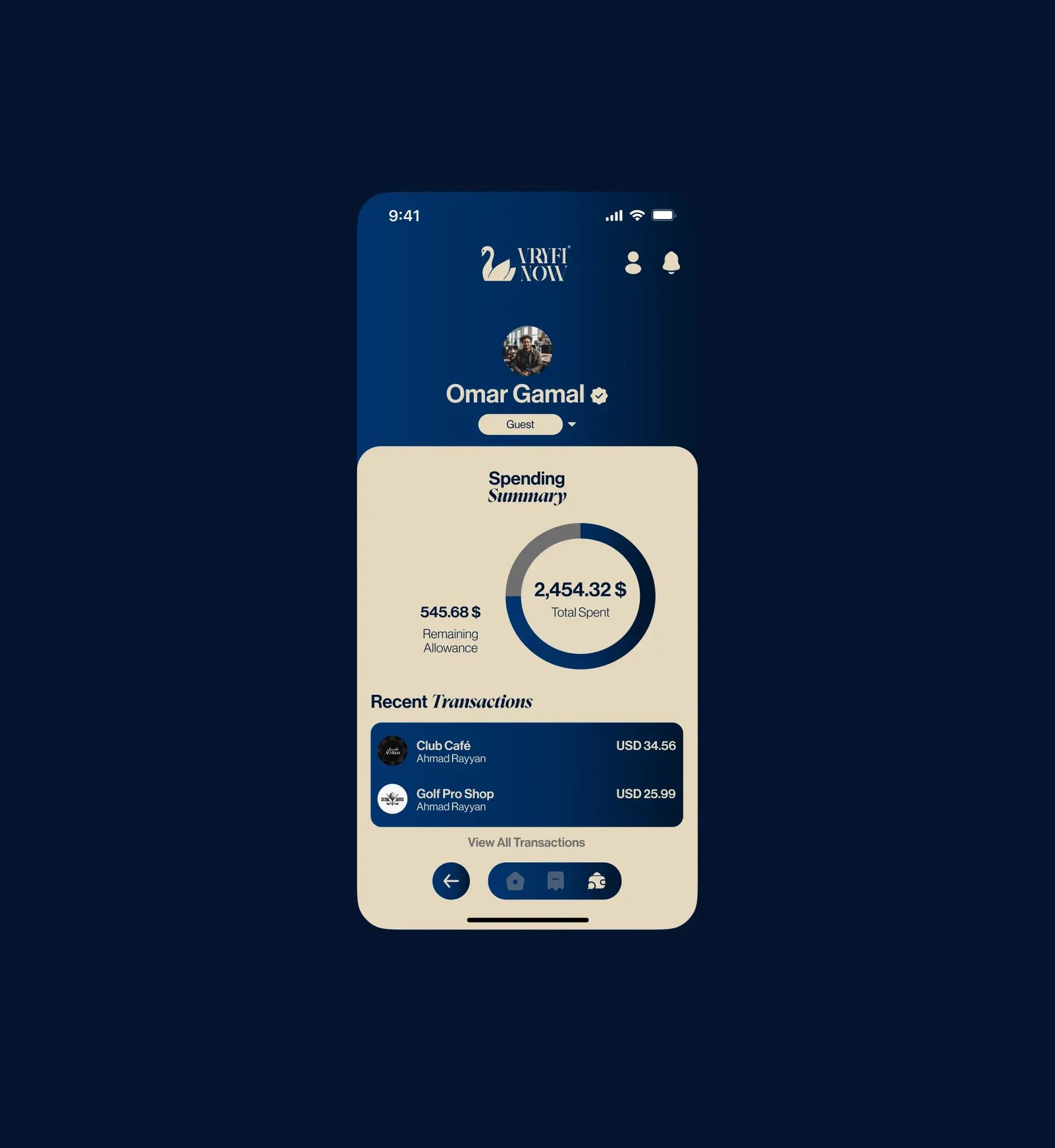 Vryfi Now spending summary screens