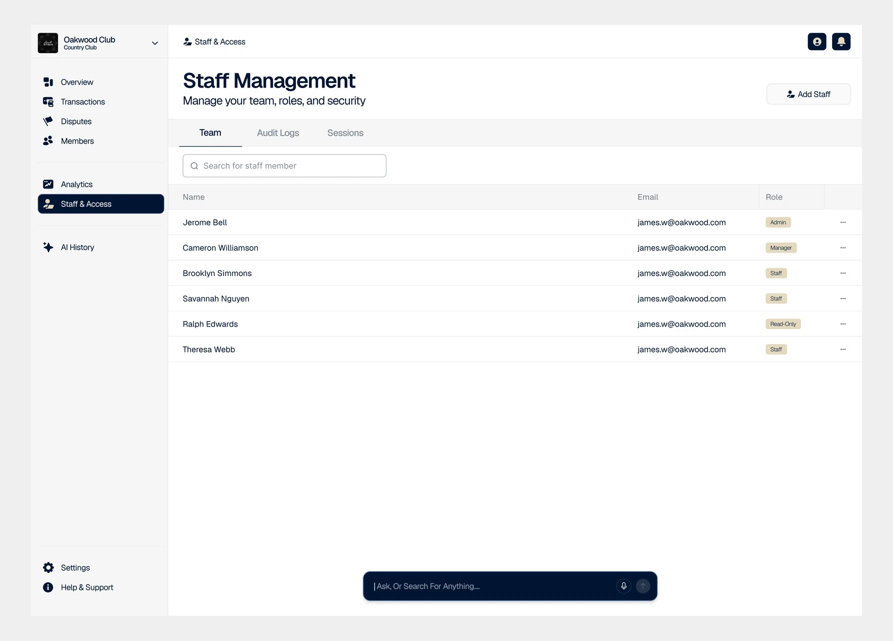 Vryfi Now management portal staff management screen
