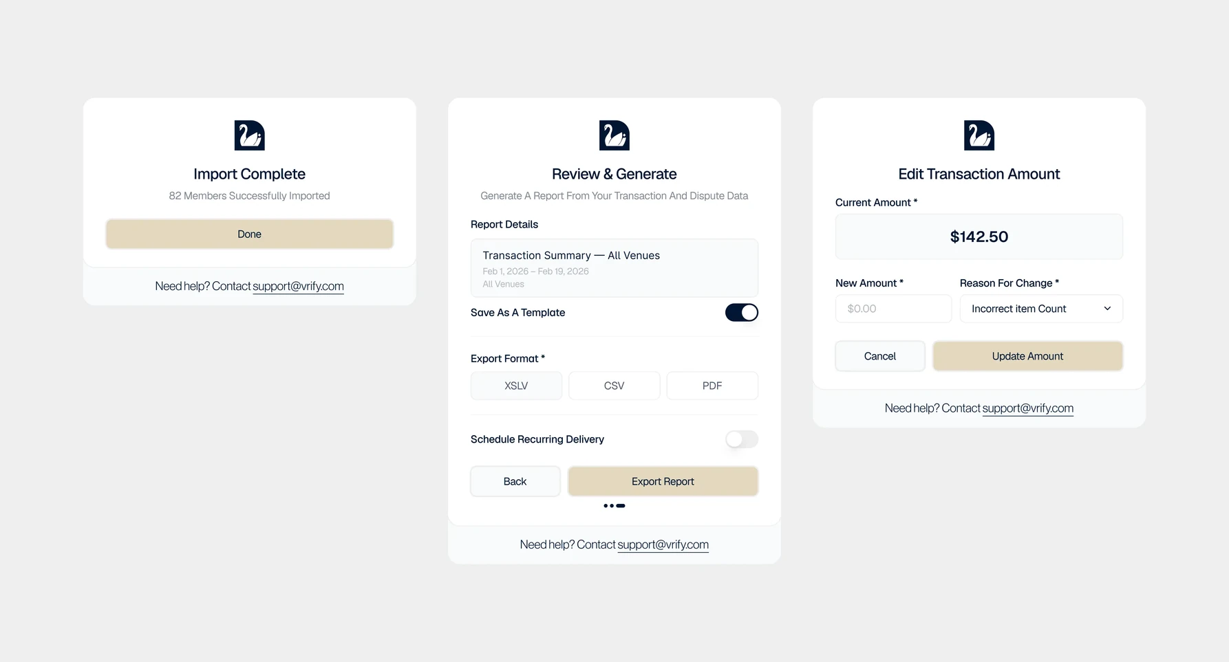 Vryfi Now transaction review and edit flow screens
