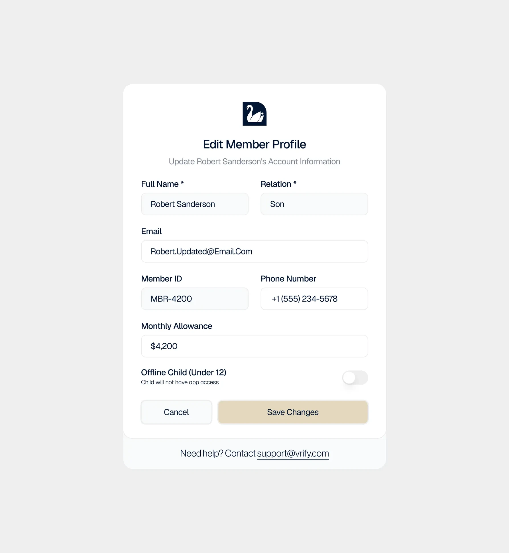 Vryfi Now edit member profile screen