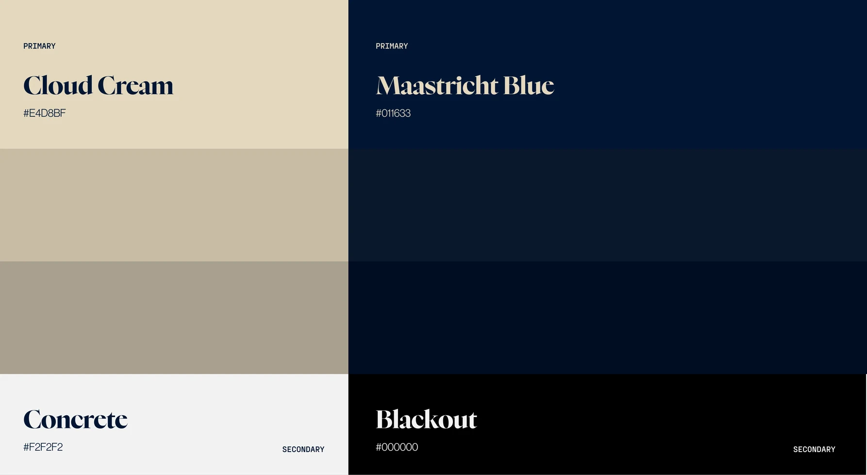 The Vryfi Now colour palette: Cloud Cream, Maastricht Blue, Concrete and Blackout