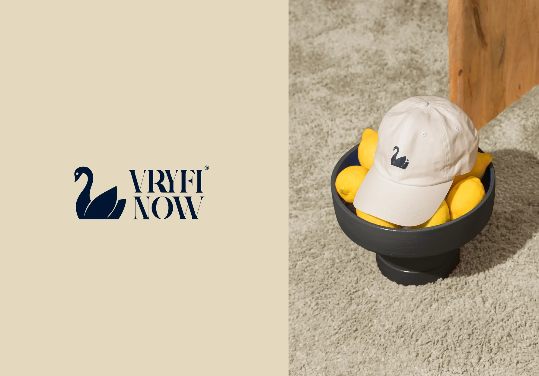Vryfi Now wordmark beside a branded cap and golf accessories
