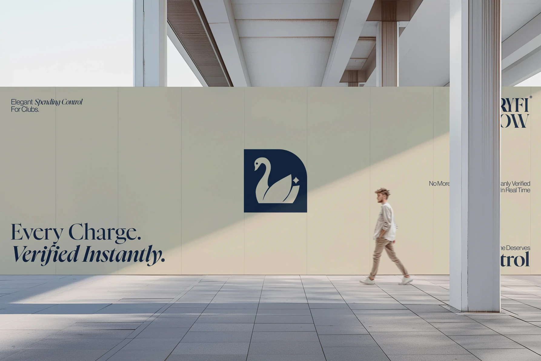 Signage reading Every charge, verified instantly in a bright corridor